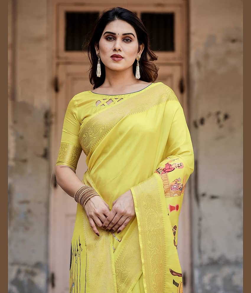 Almaari Fashion Cotton Silk Printed Saree With Unstitched Blouse Piece ( Yellow )