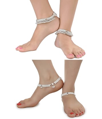 AanyaCentric Combo of 2 Pair Silver Plated White Metal Indian Traditional Ethnic Payal Anklets