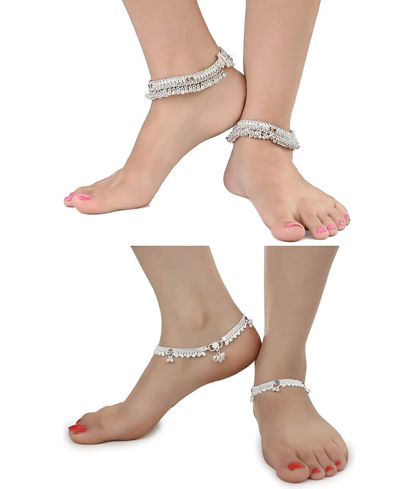 AanyaCentric Combo of 2 Pair Silver Plated White Metal Indian Traditional Ethnic Payal Anklets