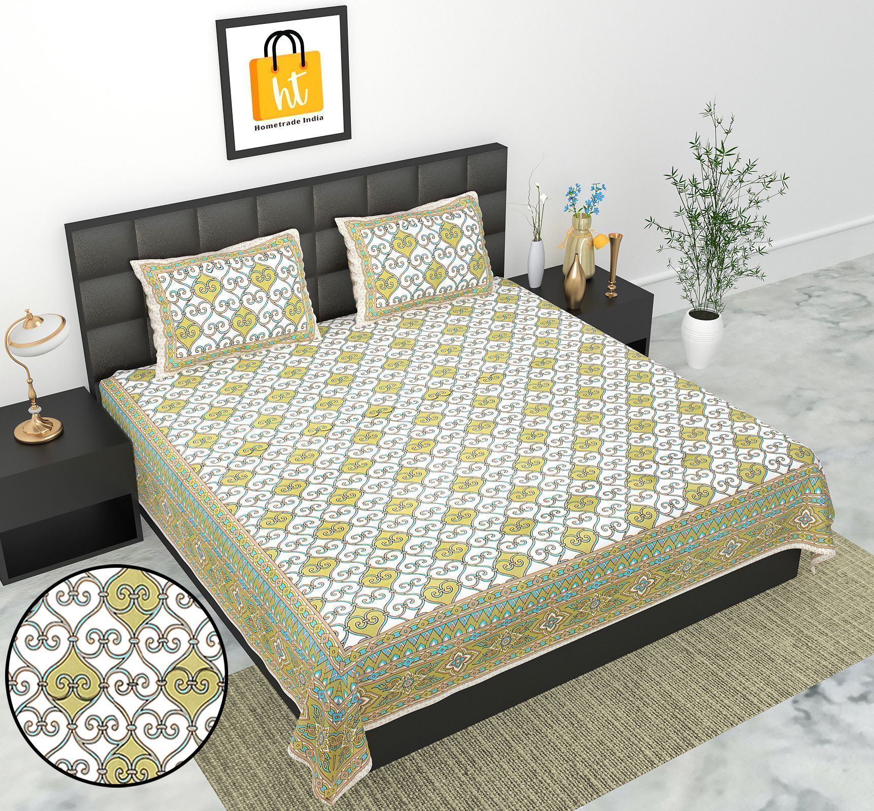 3001-Hometrade India-Standard King Size (90*108 Inches)-Pure Cotton Jaipuri Double Bedsheet With Matching Pillow Cover