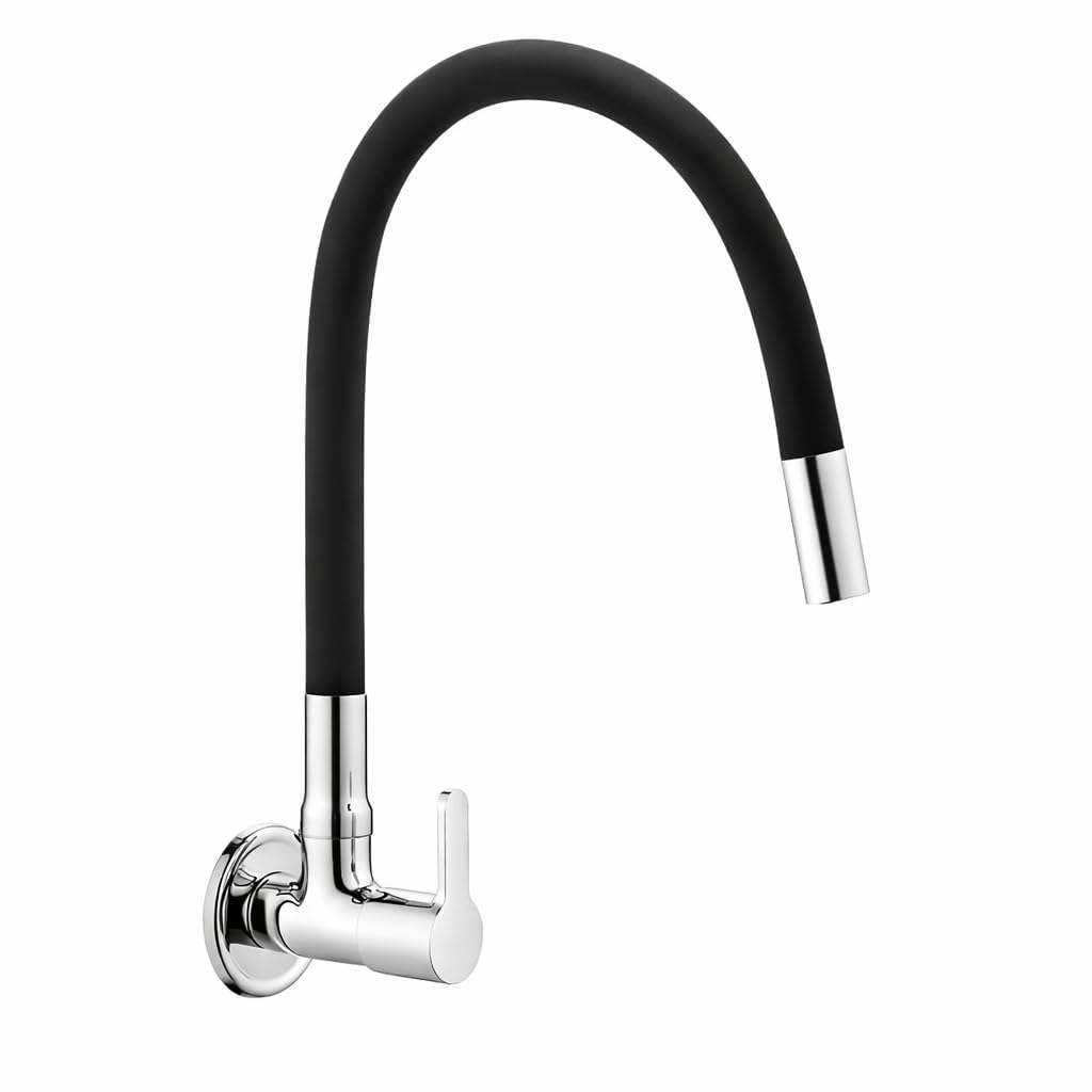 Hyenas Brass Wall Mount Sink Cock Tap/Sink Faucet with Black 360 Degree Flexible Silicon Swivel Spout Hot/Cold Water for Kitchen Sink, Wash Basin, Black Chrome Finish