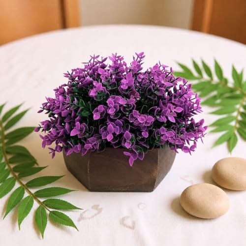Artificial Hackleberry Purple Plant in Wooden Hexagon Pot, 15 cm Height – Stylish Tabletop Decoration for Living
