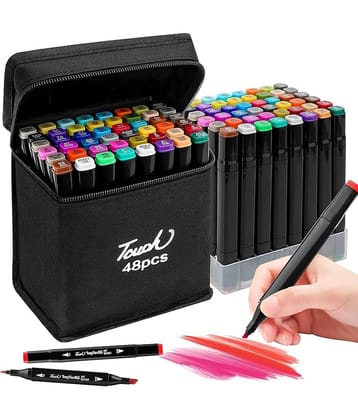KRAMOX 48 Pcs Dual Tip Alcohol Markers Set, Non-Toxic Art Supplies For Kids & Adults, Books Pen With Carry Case Set Colour Broad Drawing Sketching (48), Multicolor