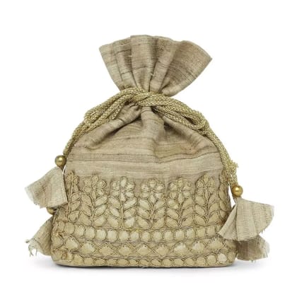 Tisser Ghicha (Tussar) Silk Potli Pouch With Hand Embroidered