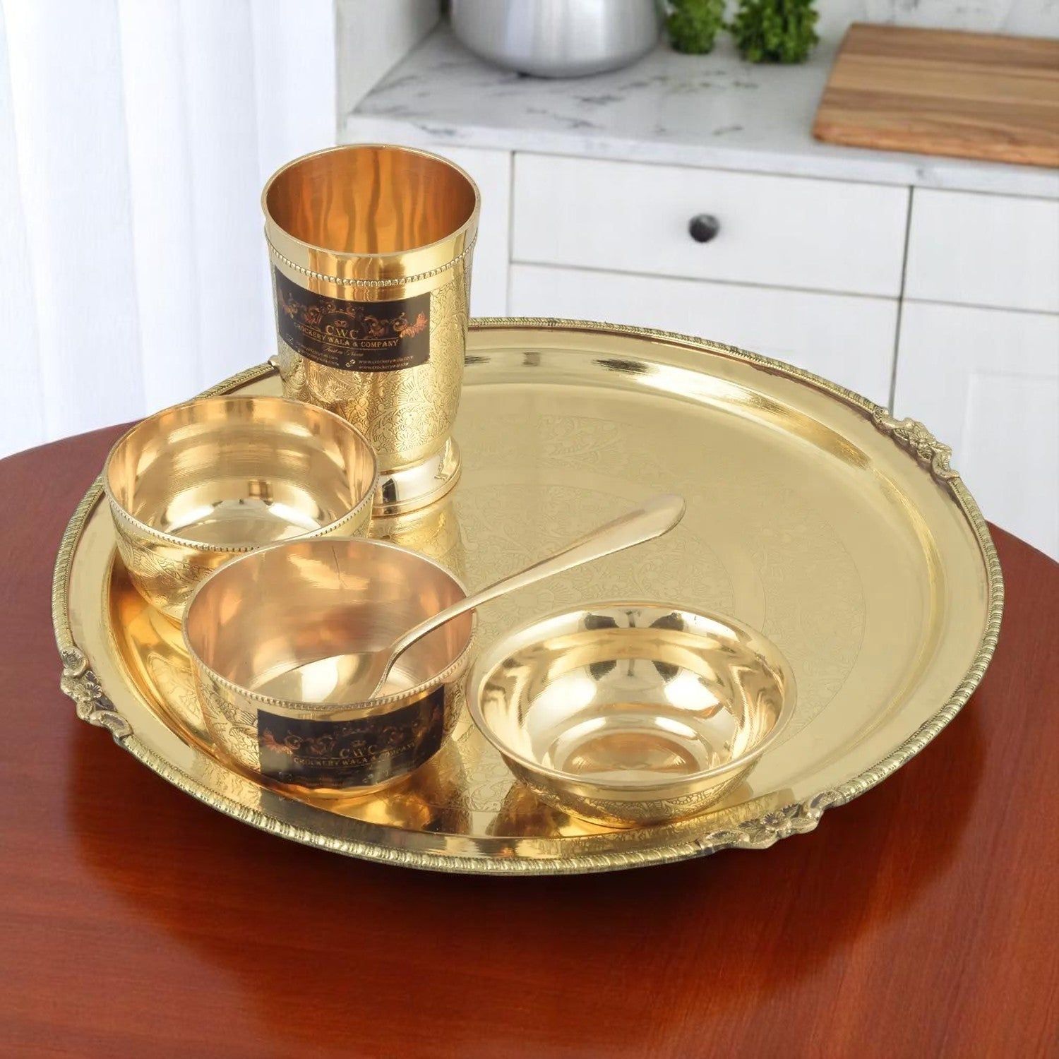 Brass Thali Set Mughal Design 6 Pcs Set for Elegant Dining