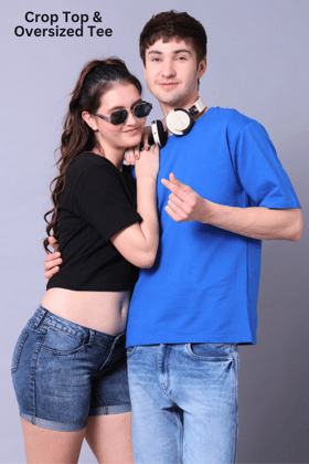 Black Crop Top & Royal Blue Drop Shoulder Tee - Pack of 2