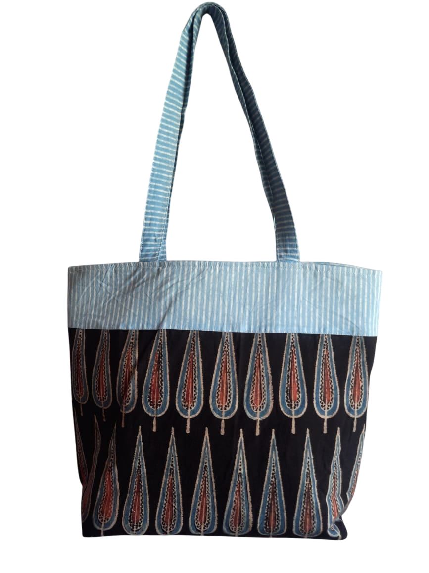 Stylish Cotton Tote Bag - Blue and Black Design