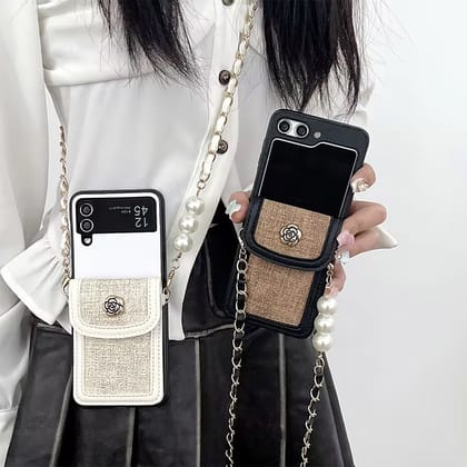 Luxury Fabric Wallet Crossbody Black White Samsung Z Flip Case-Samsung Z Flip 3 / Black