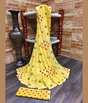 Kanooda Prints Georgette Printed Saree With Unstitched Blouse Piece ( Yellow )