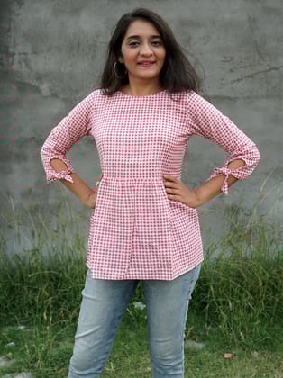 Ribbon Pink Checks Print Cotton Top-S