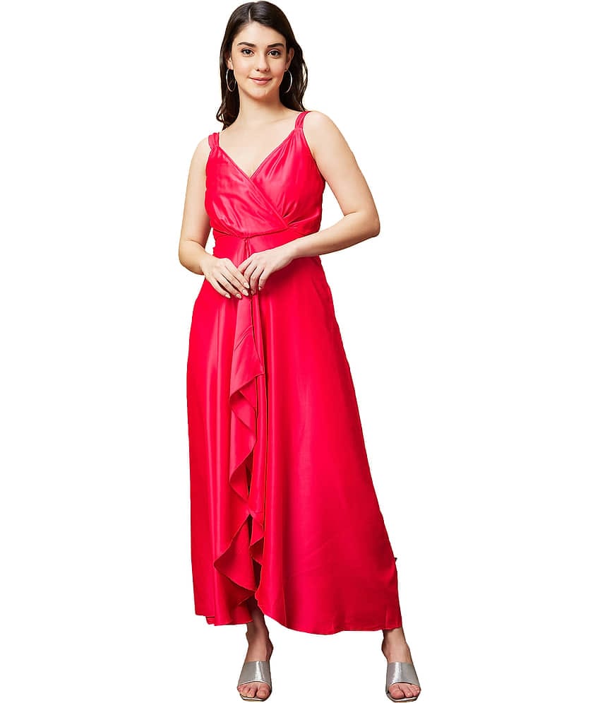 Globus Polyester Solid Full Length Women's Fit & Flare Dress - Pink ( Pack of 1 )
