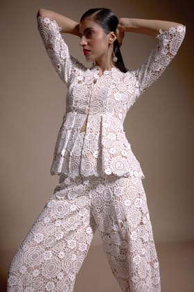SEQUIN LACE PEPLUM TOP-XXS / Ivory