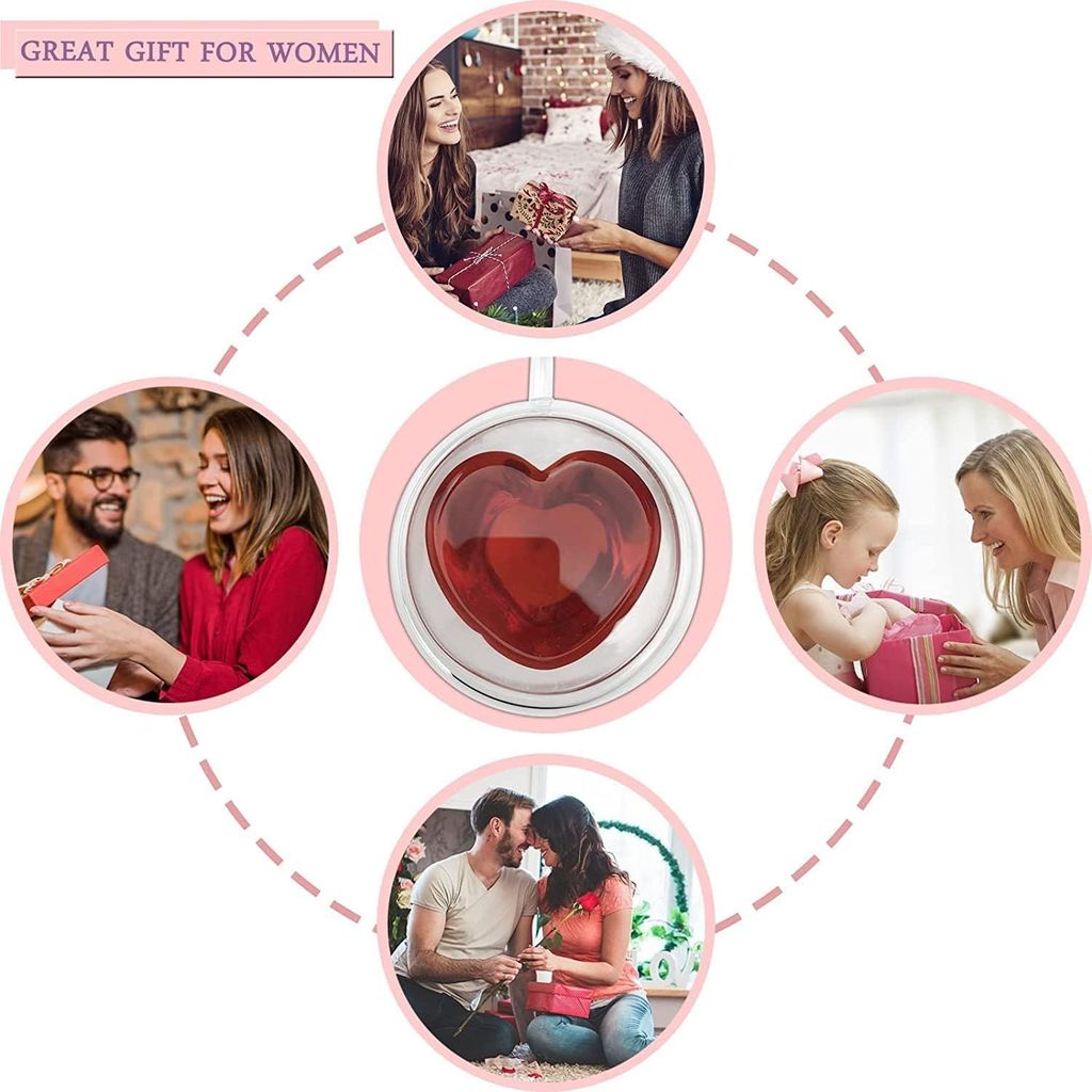 Heart Shaped Transparent Double Walled Insulated Glass Coffee Mugs or Tea Cups with Unique Handle (410 Ml)