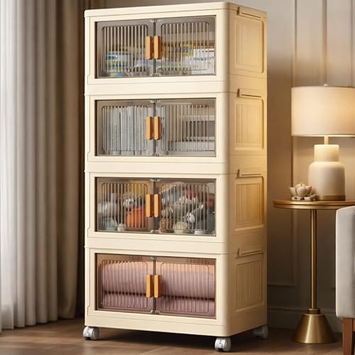 BAMEOS 𝟒 𝐏𝐀𝐂𝐊 Plastic Storage Cabinet with Doors & Wheels, Multipurpose Storage Organizer for Clothes,
