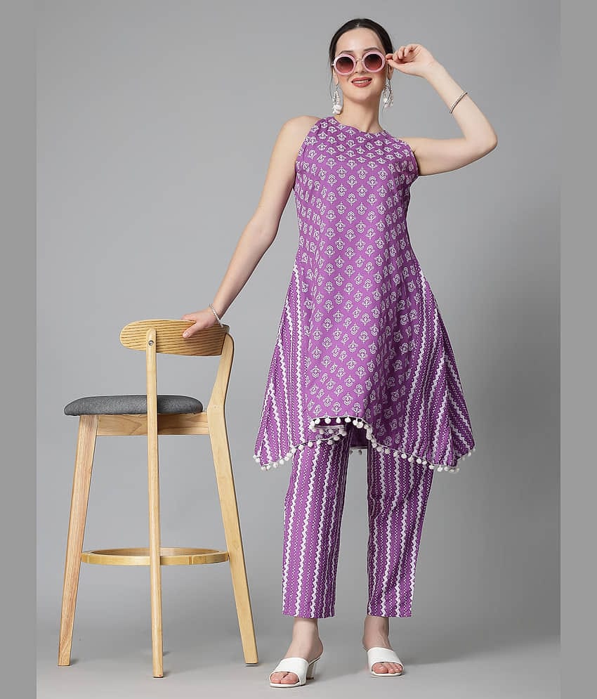 Stylum Women Printed Top With Trousers Co-Ord Set ( Purple )