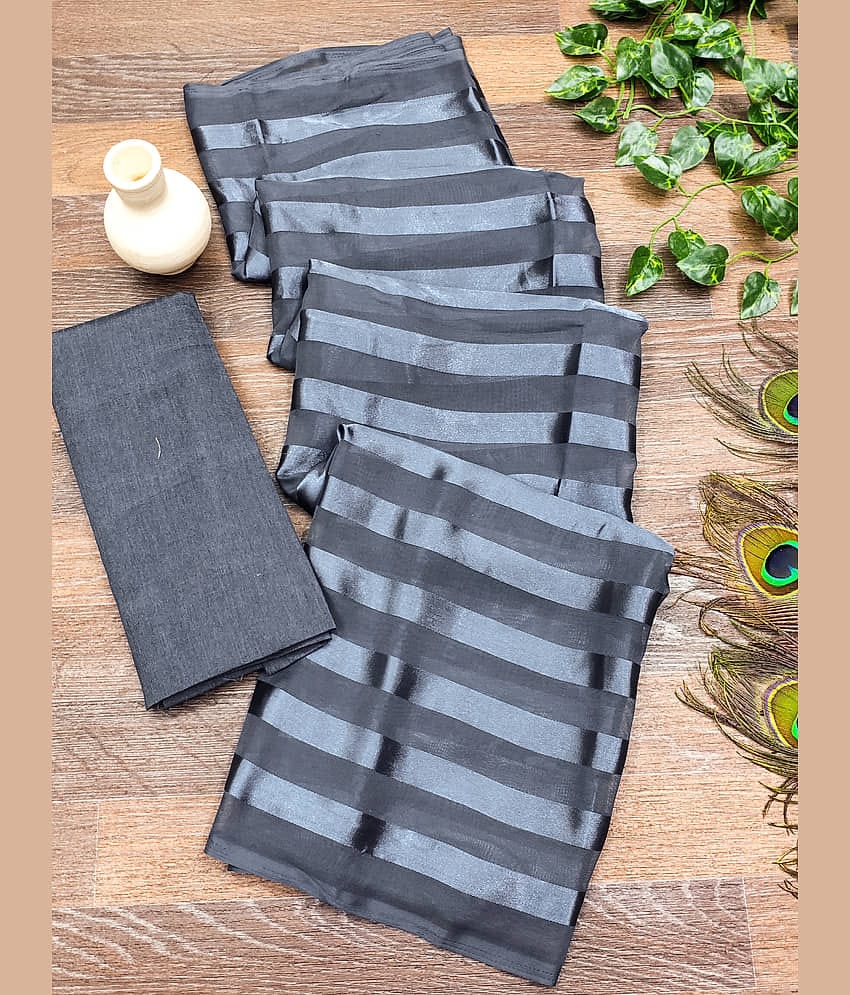ANAND SAREES Satin Striped Saree With Unstitched Blouse Piece ( Grey )