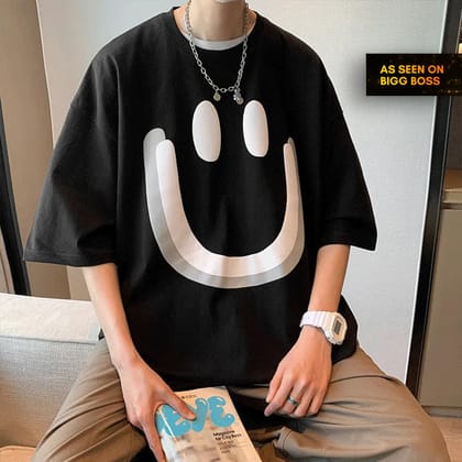 Smile Printed Black Oversized T-shirts for Men-Small