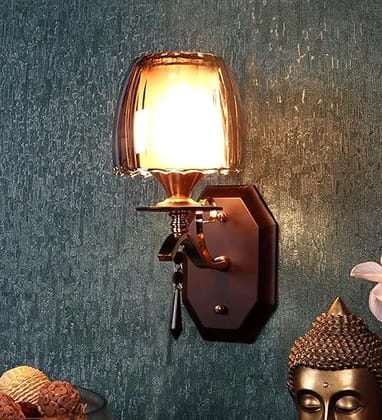 ELIANTE Modern Wall Light | Brown Iron Finish with Black Glass Shade | E27 Holder | Decorative Wall Lamp for Bedroom, Living Room & Entrance | Free Bulb Included | 3 Years Warranty