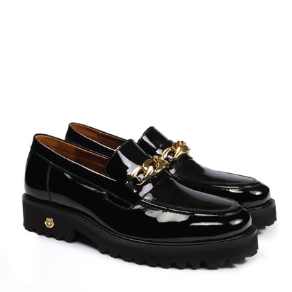 Patent Leather Super Chunky Sole Black Loafers with Golden Metallic Chain-40/6