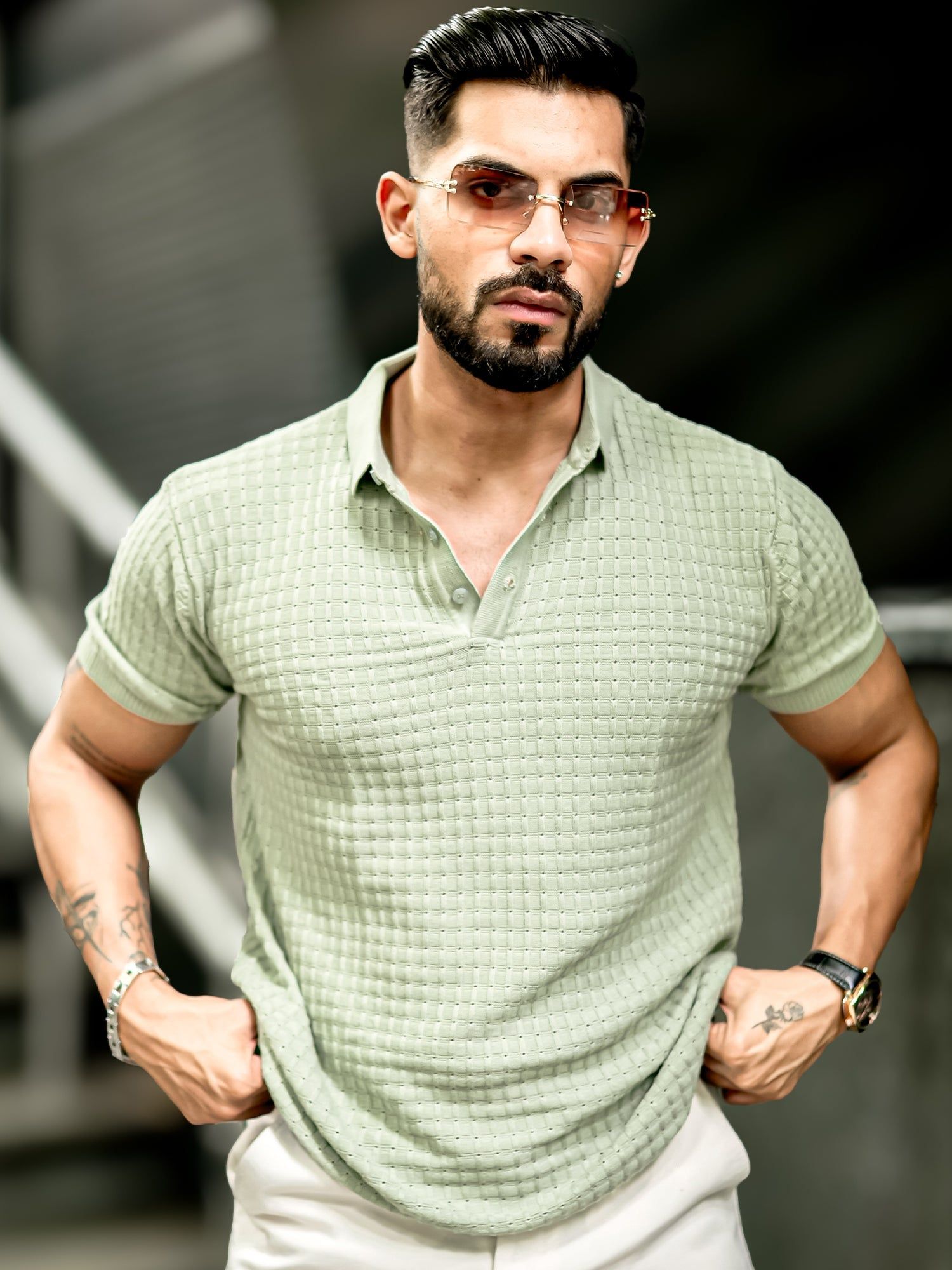 Checked Knit Berly Green T-Shirt-S / Berly Green