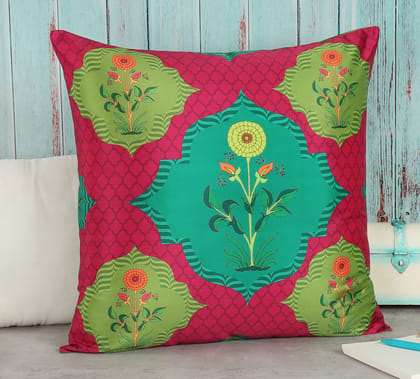 India Circus Blossom Tales - Blended Taf Silk Cushion Cover - 18 X 18 Inch
