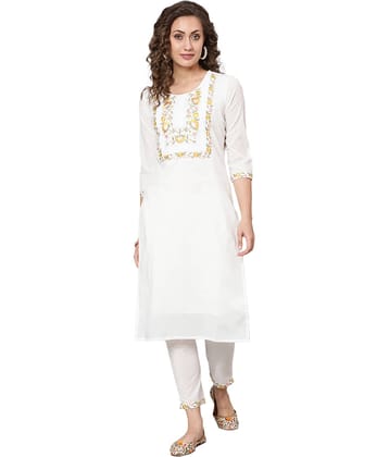 Antaran Cotton Embroidered Kurti With Pants Women's Stitched Salwar Suit - White ( Pack of 1 )