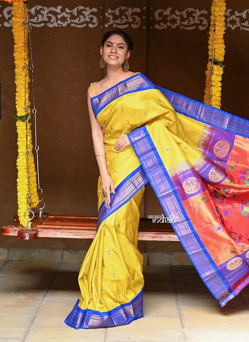 Exclusive Rajsi~ Pure Silk Handloom - Maharani Paithani in Bright Yellow with Electric Blue Border, Authentic Pure Silk