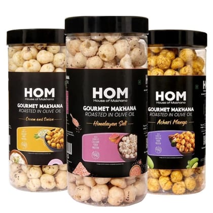 GOURMET MAKHANA Roasted in Olive Oil | Flavors Cream & Onion, Himalayan Salt and Achari mango | Combo Of 3, 65g Each. - 195 gm