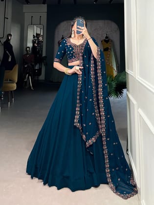 Georgette Sequence Thread Embroidery work Lehenga Choli Set (Stitched)-[Free Size Alters 38-44]