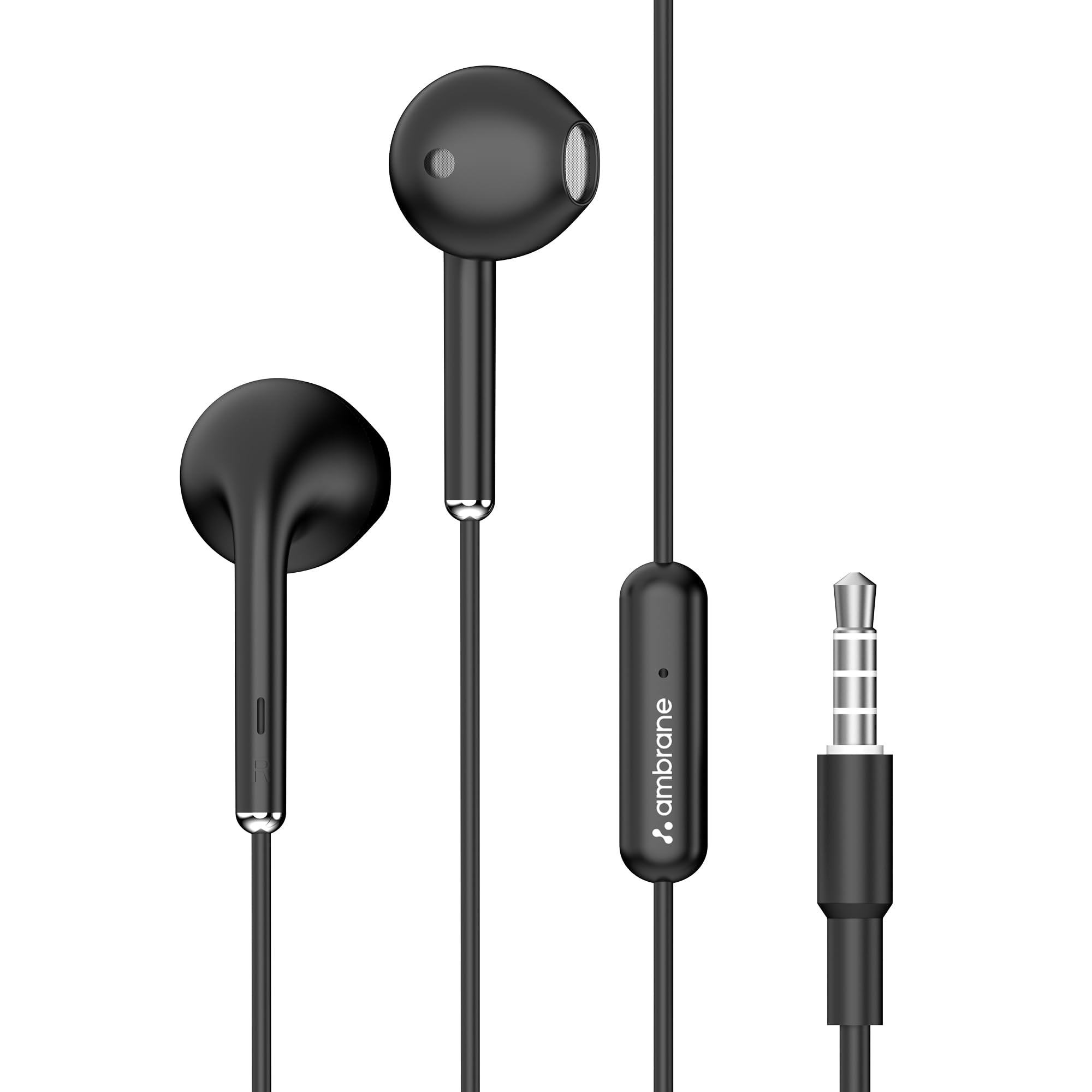 Ambrane Wired in Earphones with in-line Mic for Clear Calling, 14mm Dynamic Drivers for BoostedBass, 3.5mm Jack, Multi-Functional Controller (Stringz 38 Lite, Black)