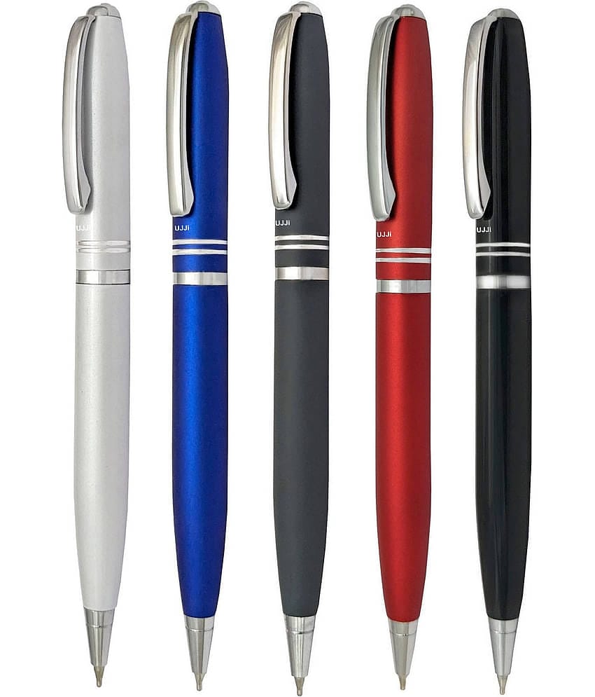 UJJi Two Ring Assorted Color Twist On & Off Pack of 5pcs (Blue Ink) Ball Pen