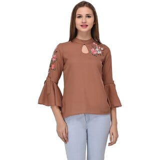Purys Women Beige Embroidered Regular Top