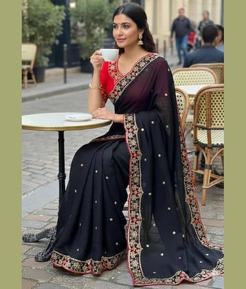Malti Georgette Embroidered Banarasi saree With Unstitched Blouse Piece ( Olive )