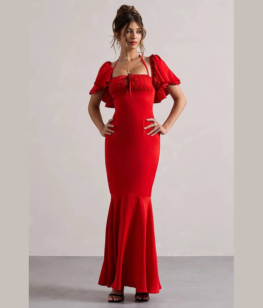 wanquila Women Crepe Solid Fit & Flare Dress ( Red )