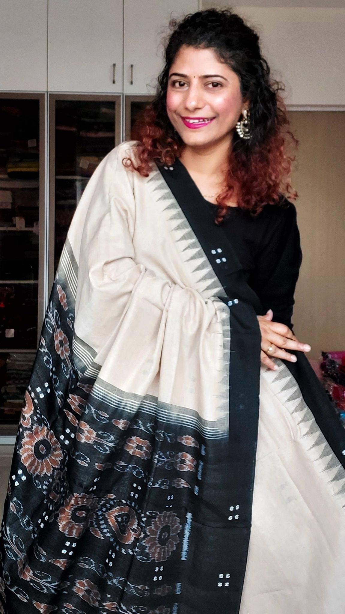 Ek Phulia Cotton Saree-Beige Black