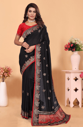 Women Hevy embriodery Work and Lace Border With Siroski Vichitra Silk saree With Contras Blouse