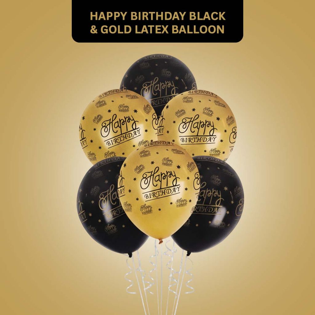 Happy Birthday Black & Gold Printed Latex Balloon Set 12" - Pack of 6 - Party and Festive Needs | Buy online on ZillyBuy