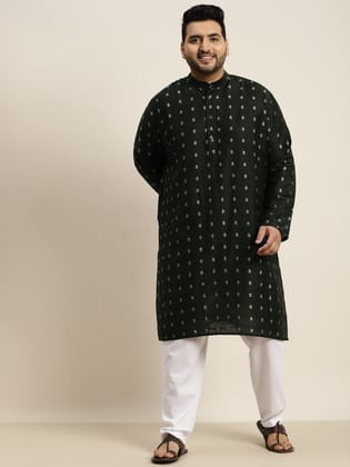 Men's Cotton Blend Dark Green & Silver Self Design Kurta-44