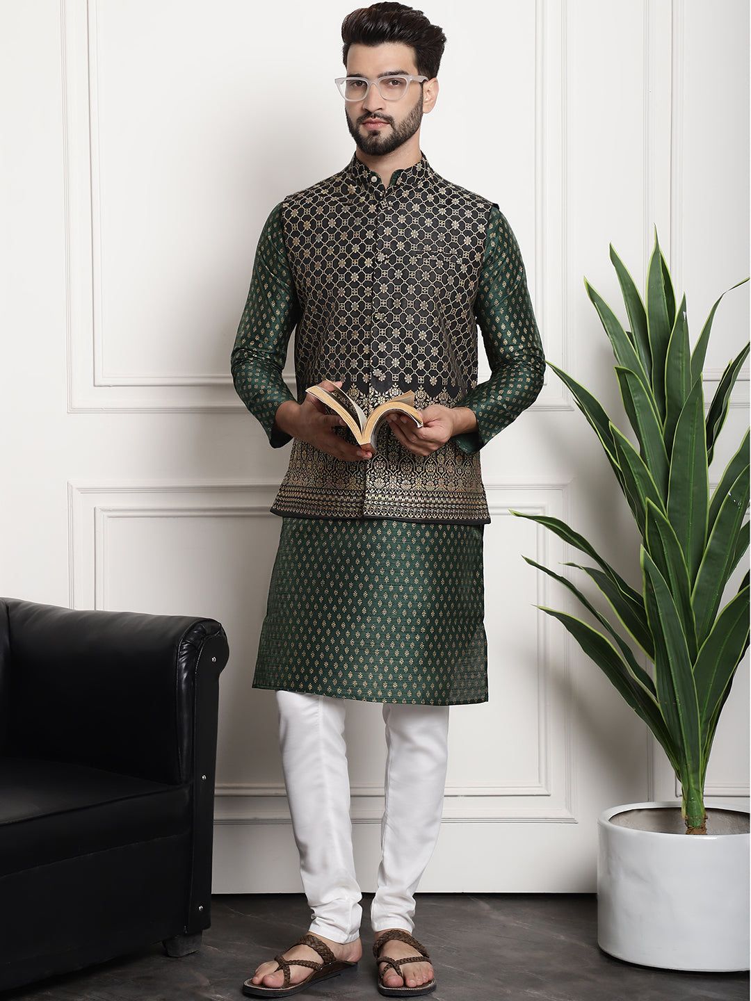 Men's Silk Blend Dark Green Kurta and Off-White Pyjama With Black Nehru Jacket-36
