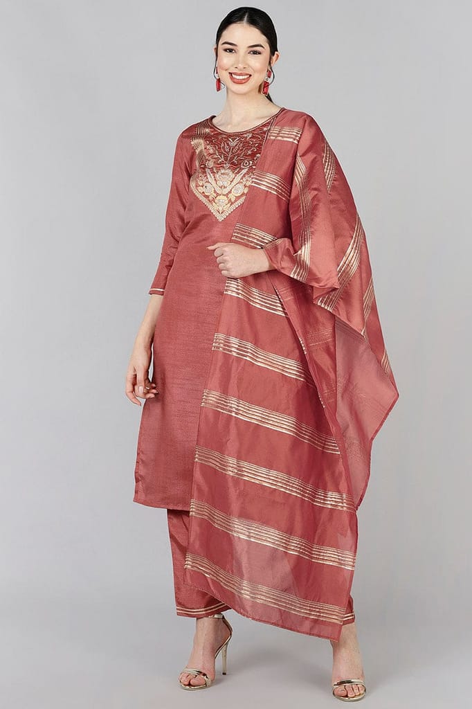 Rust Poly Silk Yoke Design Straight Suit Set PKSKD1377 - Kurtas & Kurta Sets | Buy online on ZillyBuy