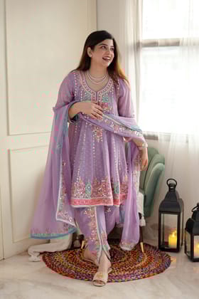 Kiara Lavender Mirror Work Short Anarkali With Dhoti-M-L