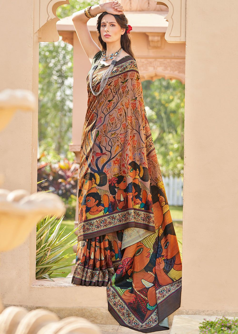 Brown Beige Printed Soft Silk Saree
