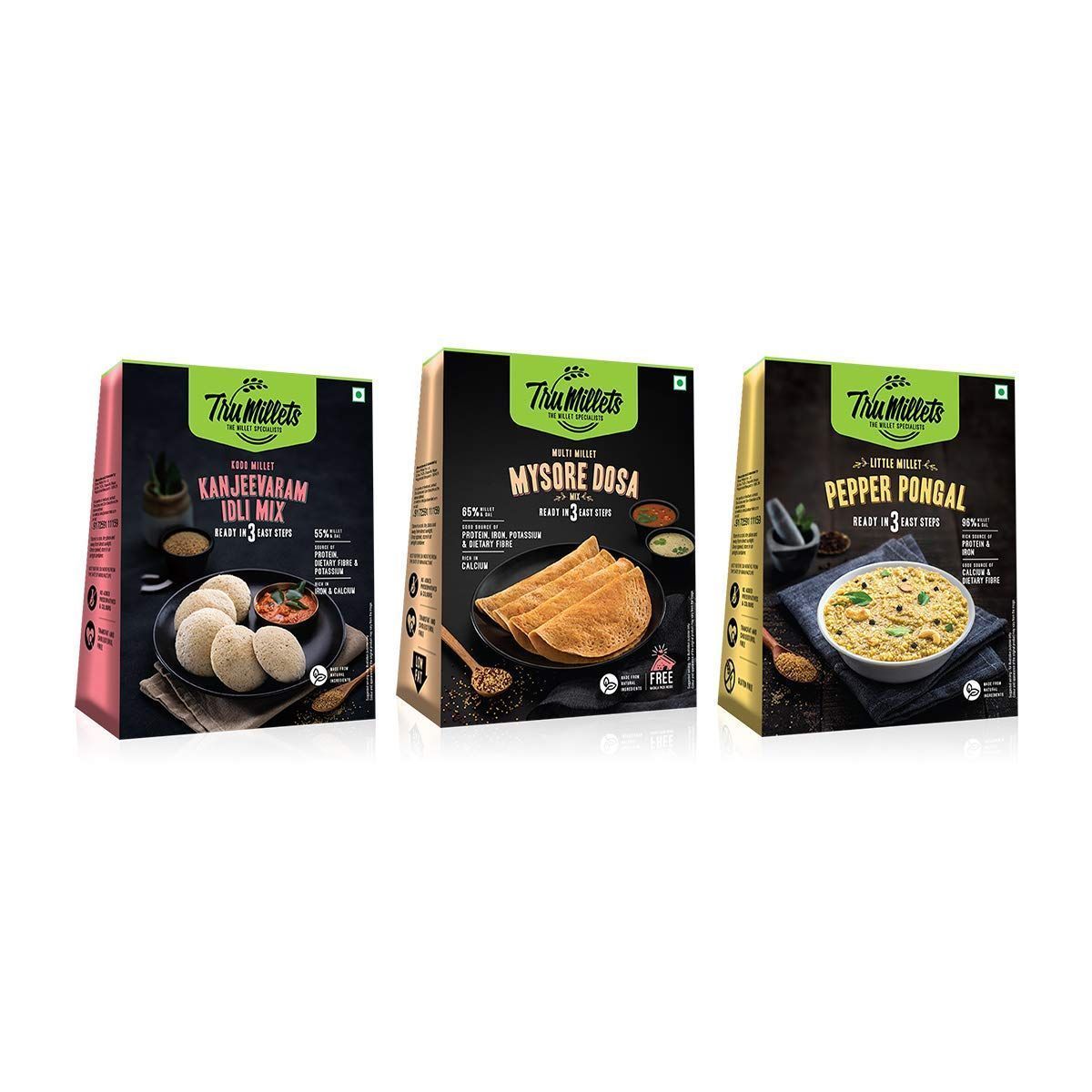 Trumillets | Healthy Millet Breakfast Combo| Mysore Masala Dosa, Kanjeevaram Idli Mix and Pepper Ponga, Each 250g