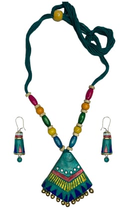 SharanyaD BeautifulTerracotta Handmade Jewellery Set with necklace and earring, Women's Contemporary Terracotta Necklace - Big Triangle Cyan