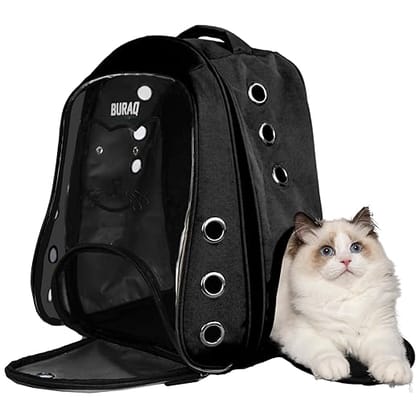 Buraq Cat Faced Pet Carrier Backpack – Stylish, Comfortable, and Ventilated Travel Cat Bag for Cats & Small Puppies-Black