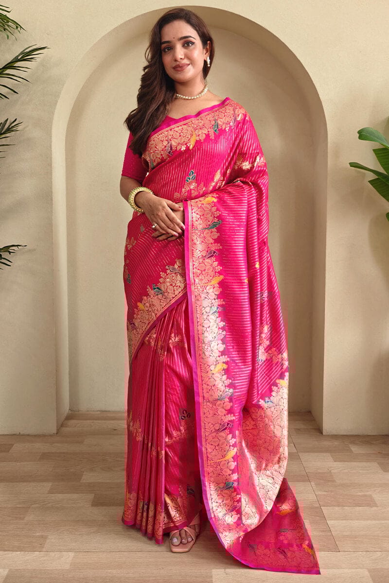 Hot Magenta Zari Wiven Banarasi Satin Silk Saree