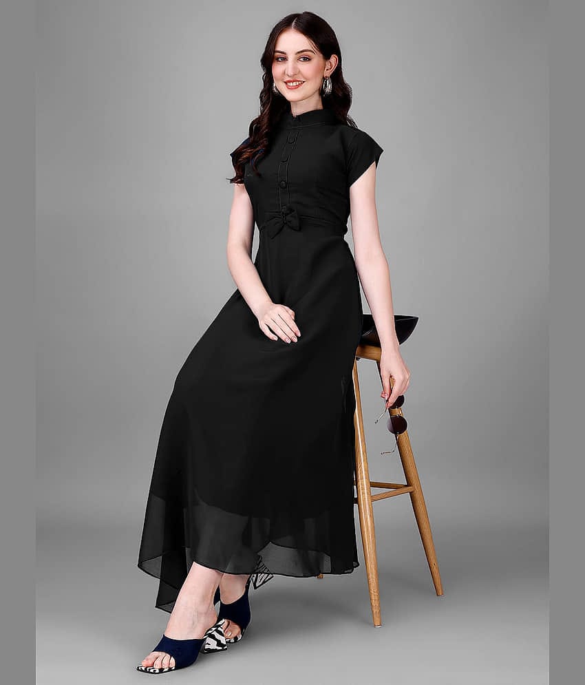 Femvy Women Georgette Solid Fit & Flare Dress ( Black )