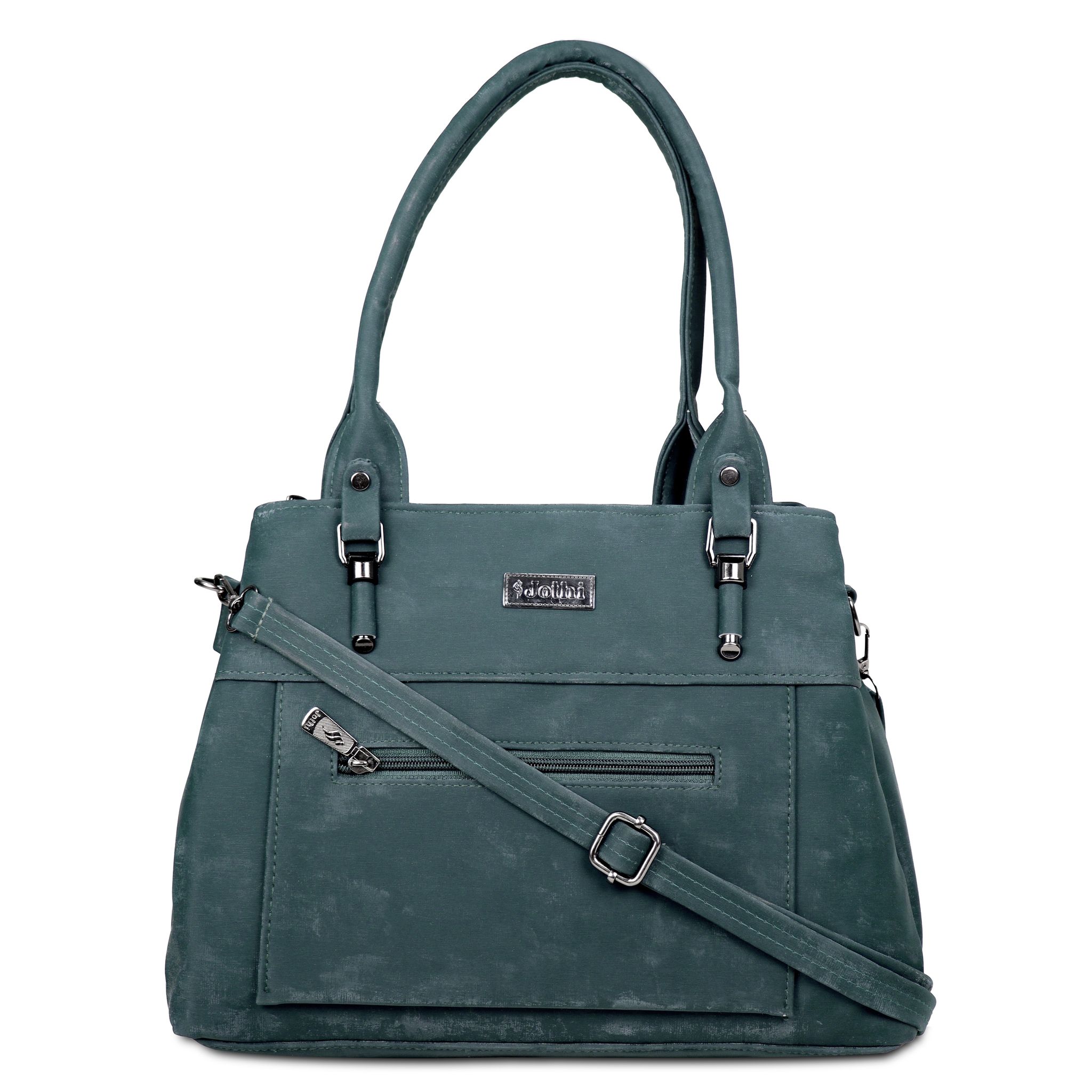 Jothi Roselle Premium Womens Handbag | Brushed Velvet & Synthetic Leather Tote | 3-Compartment Organizer | Adjustable & Detachable Sling Strap | Soft Base | Green