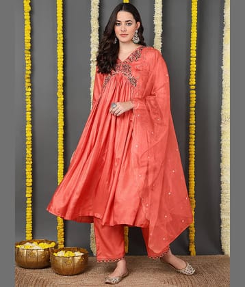 Vaamsi Silk Blend Embroidered Kurti With Pants Women's Stitched Salwar Suit - Orange ( Pack of 1 )