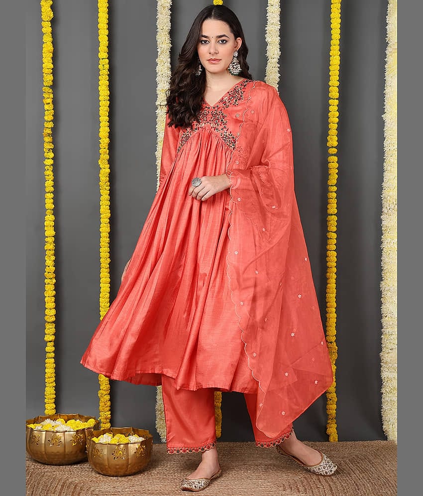 Vaamsi Silk Blend Embroidered Kurti With Pants Women's Stitched Salwar Suit - Orange ( Pack of 1 )